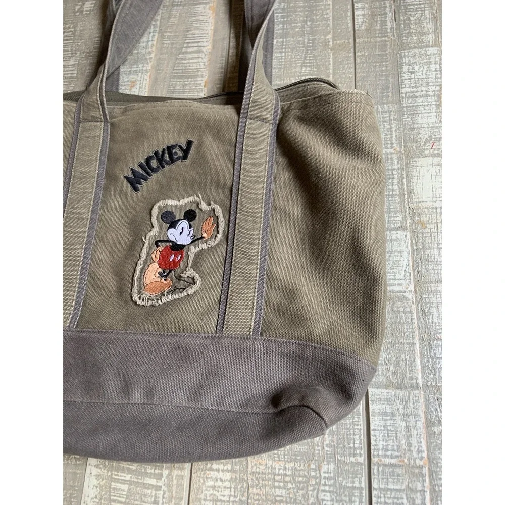 Vintage Mickey Mouse Army Green Canvas Tote Bag‎ Stitched Embroidered 16x12